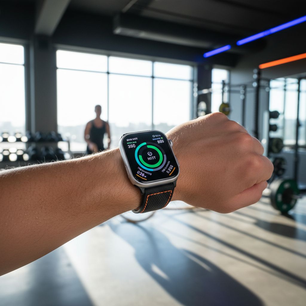 Apple Watch showing workout tracker app during strength training session