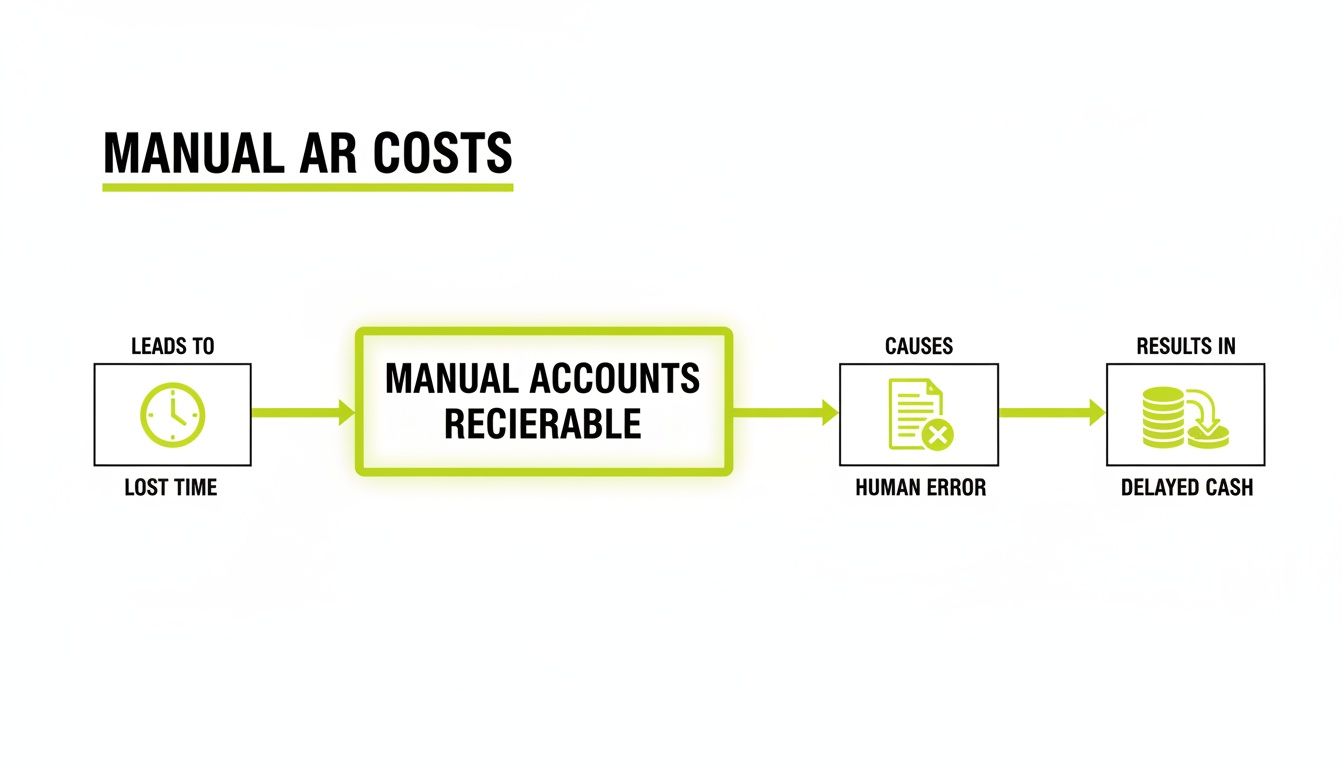 A flowchart illustrates how manual accounts receivable causes lost time, human error, and delayed cash.