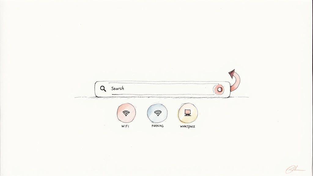 A hand-drawn search bar with icons for WiFi, Parking, and Workspace features on a white background.