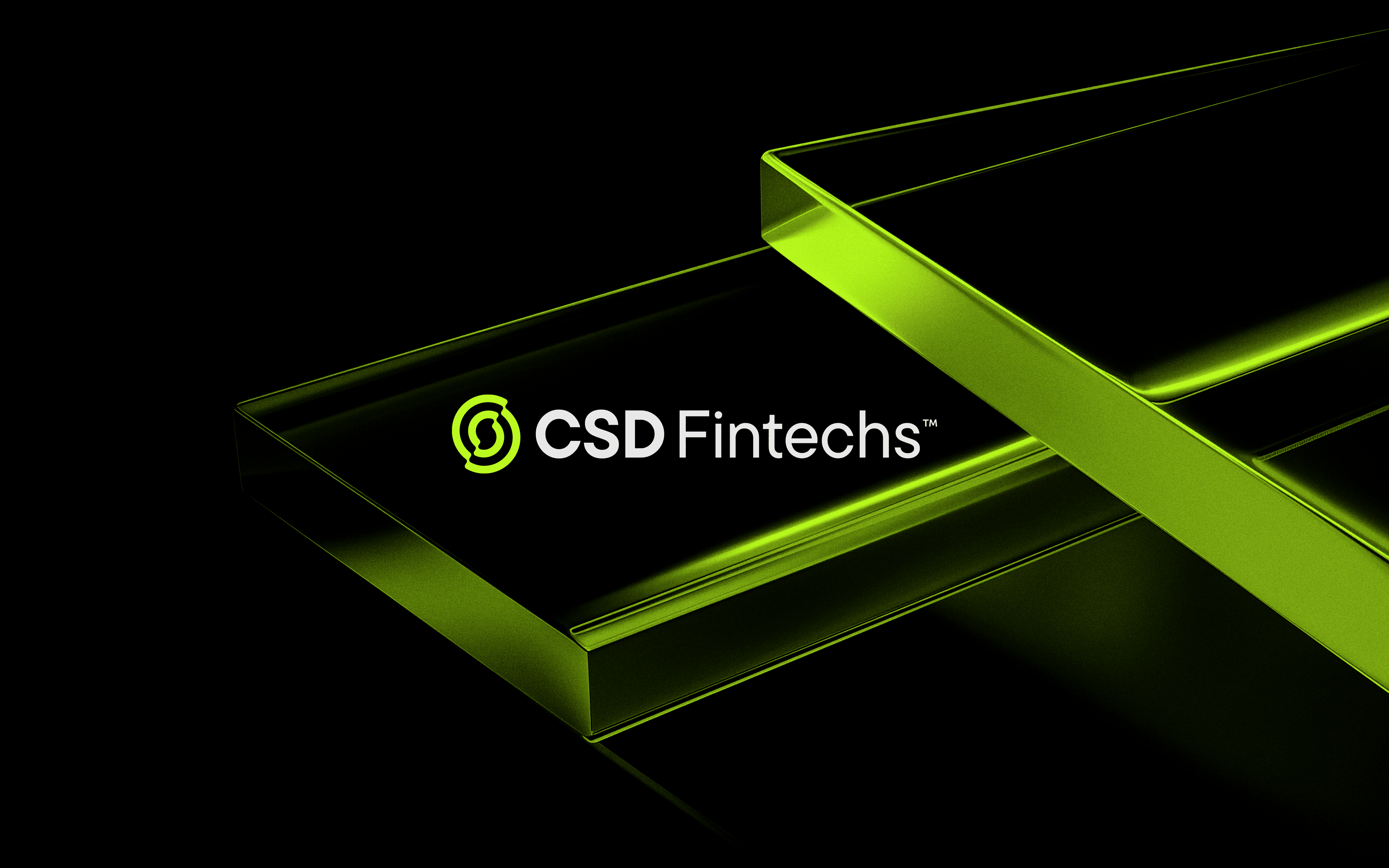 Logo da CSD Fintechs em vidro translúcido verde neon sobre fundo preto minimalista.