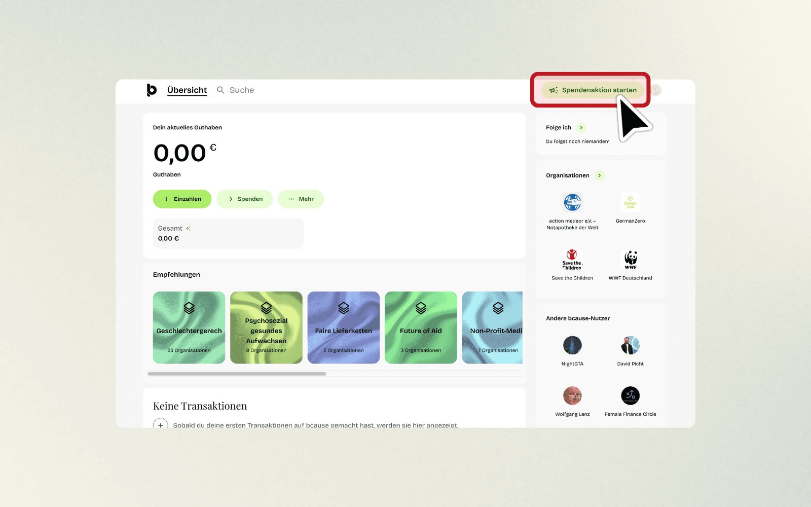 bcause-Übersichtsseite mit dem Button „Spendenaktion starten
