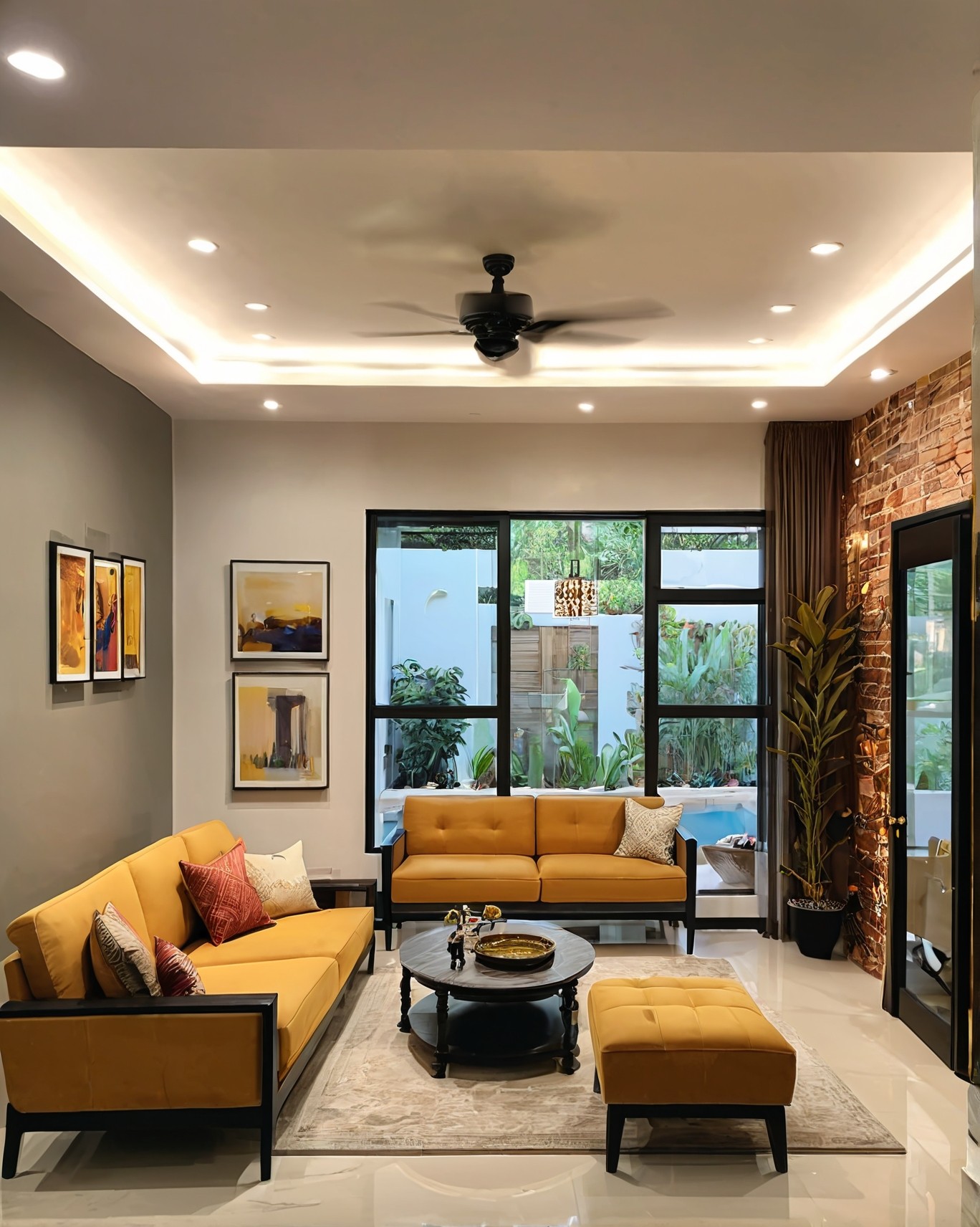 Luxury terracotta-themed modern Indian living room with warm lighting, wooden ceiling accents, and low-seating design by Modern Habitat Interior Group
