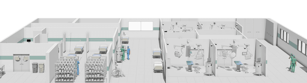 A cartoon depiction of a hospital, showing multiple operating rooms.