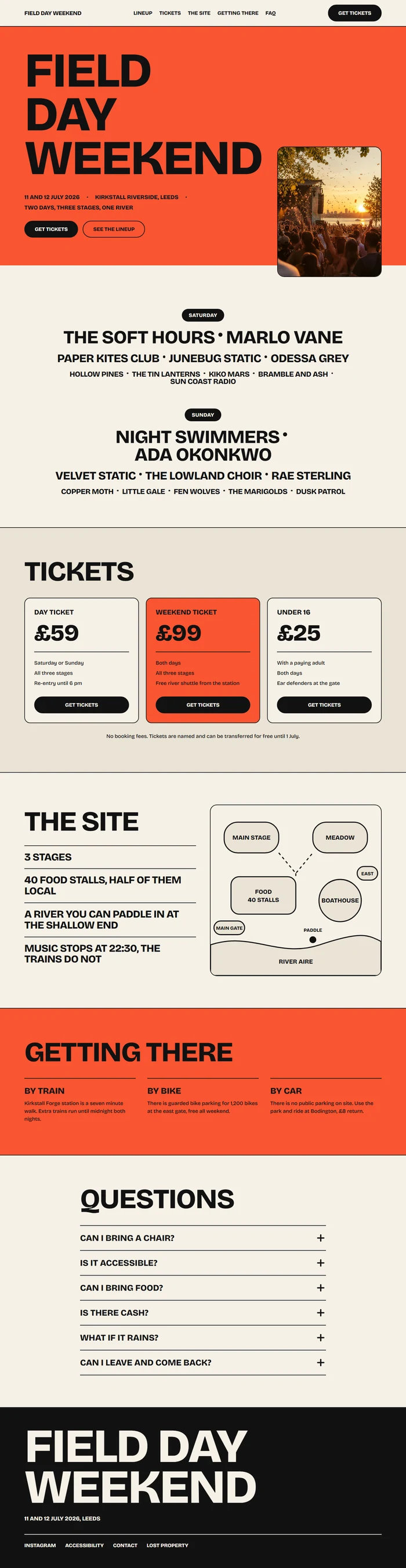 Full page of an AI-generated music festival website with a red poster hero, two day lineup, three ticket cards, a schematic site map, getting there info, an FAQ accordion and a black footer