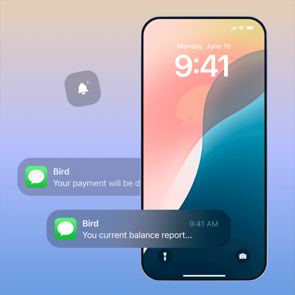 Mobile phone screen displaying notifications from Bird with messages about payment and balance report updates, set against a gradient background.