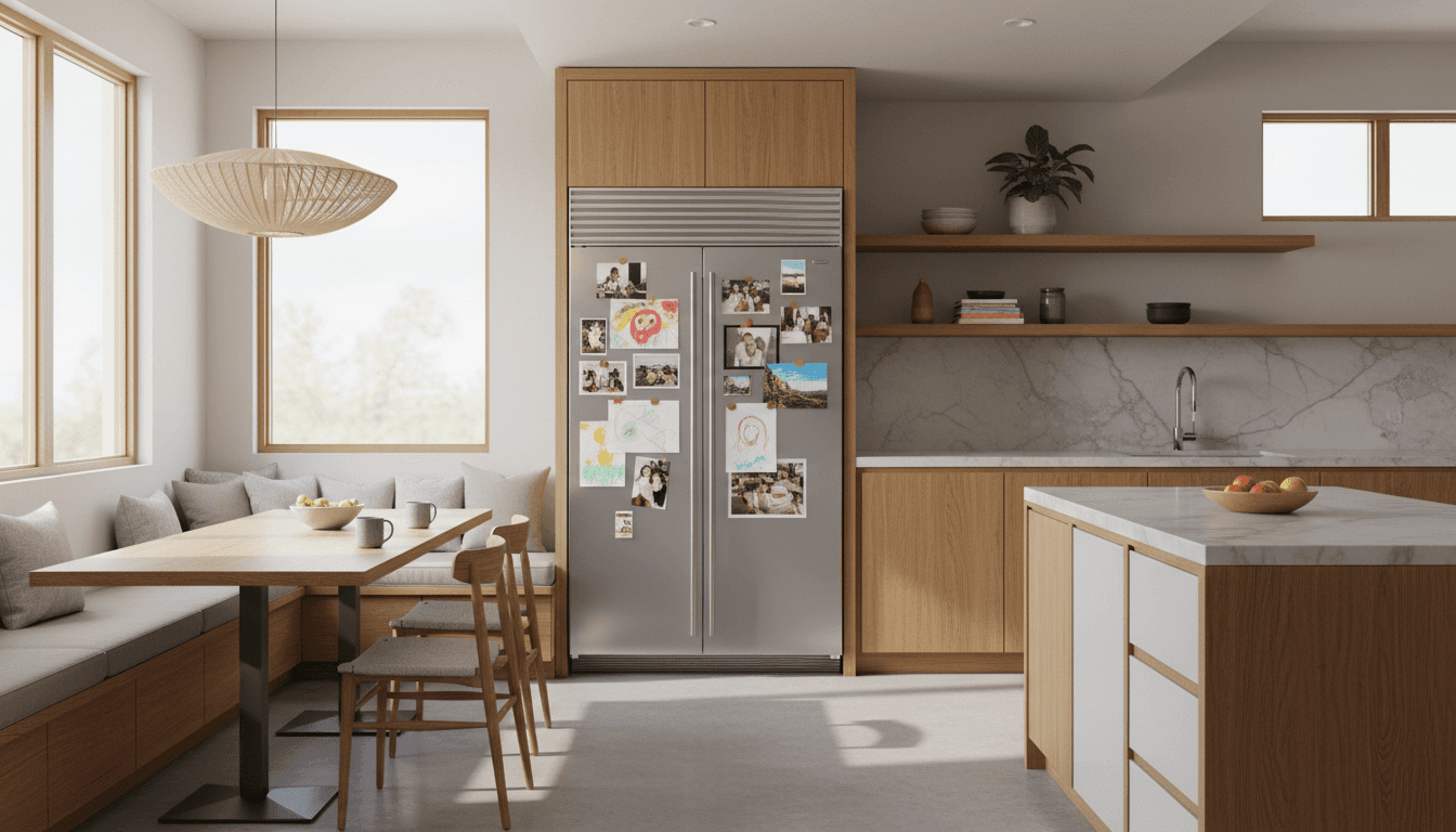 A modern kitchen with soft green cabinetry, a spacious island adorned with colorful fruits, and open shelving displaying kitchenware, illuminated by natural light from large windows, featuring a stainless steel refrigerator decorated with family photos.