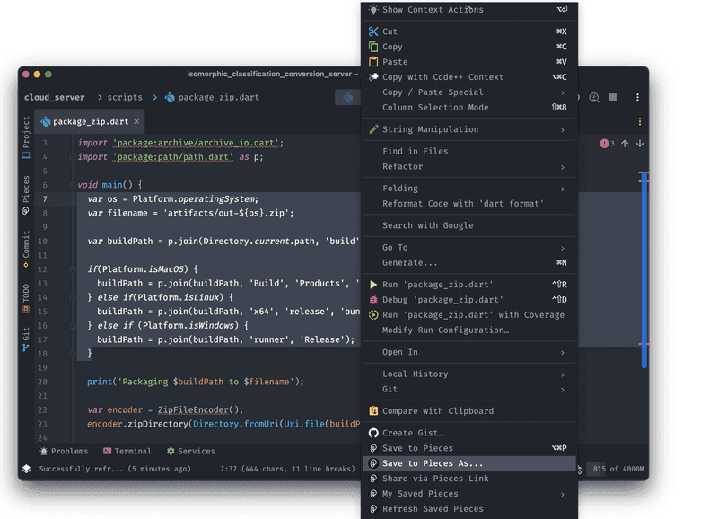 Saving a snippet from JetBrains via the right-click context menu.