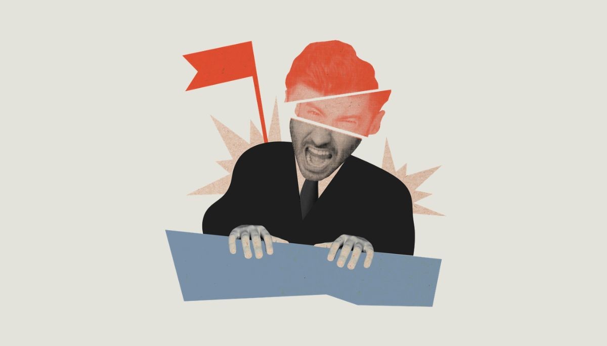 Creative collage of professional with red flag and geometric shapes, used to depict warning signs in interviews.
