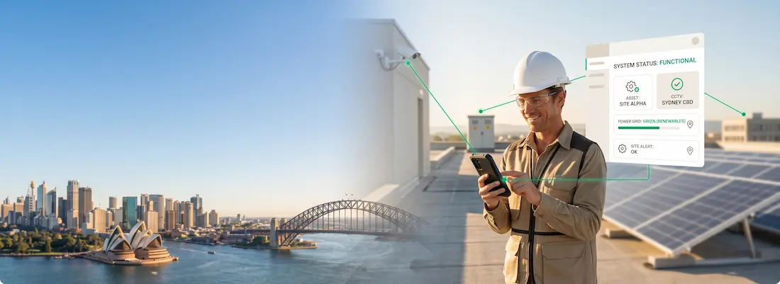 Field technician updating a job status on a smartphone at a rooftop solar installation, with a live work order dashboard shown alongside