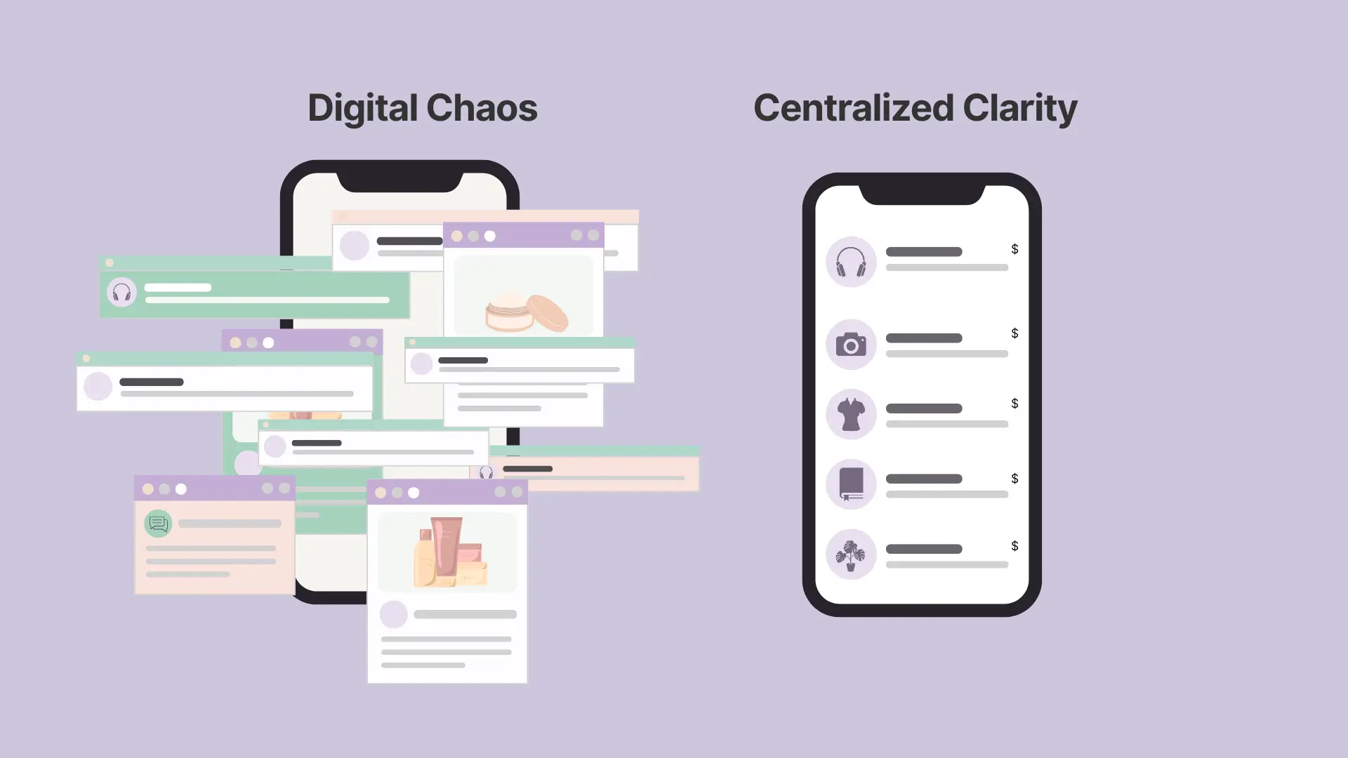 A comparison graphic illustrating the concept of organizing a wishlist. On the left, under the heading "Digital Chaos," a smartphone screen is buried under a messy collage of overlapping browser windows, screenshots, and pop-ups. On the right, under the heading "Centralized Clarity," a smartphone screen displays a clean, minimalist interface with a single, neatly organized list of items with icons.