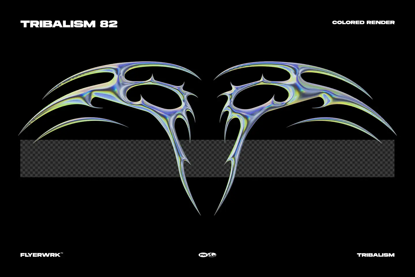 Tribalism vector shapes colored chrome render with iridescent metallic tribal spikes