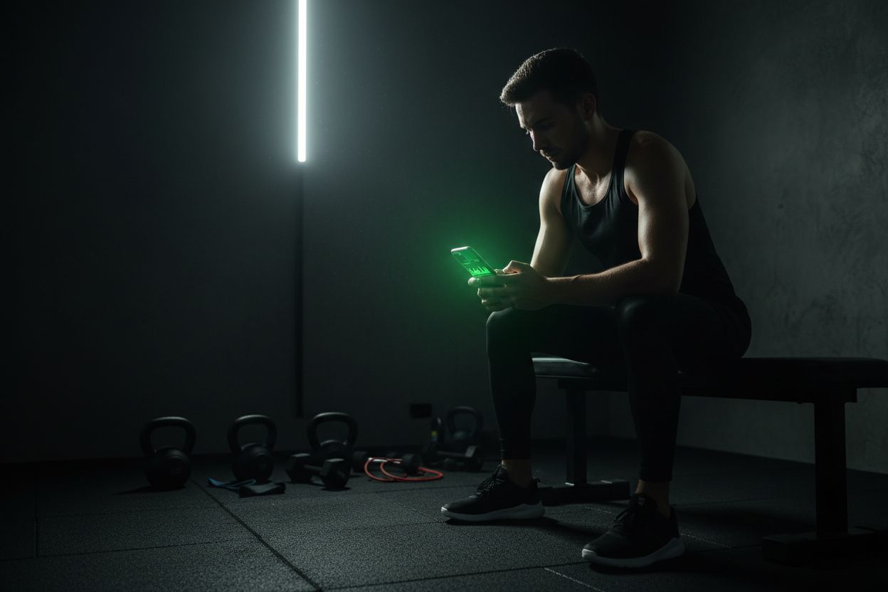 A person reviewing workout progress on an iPhone at home