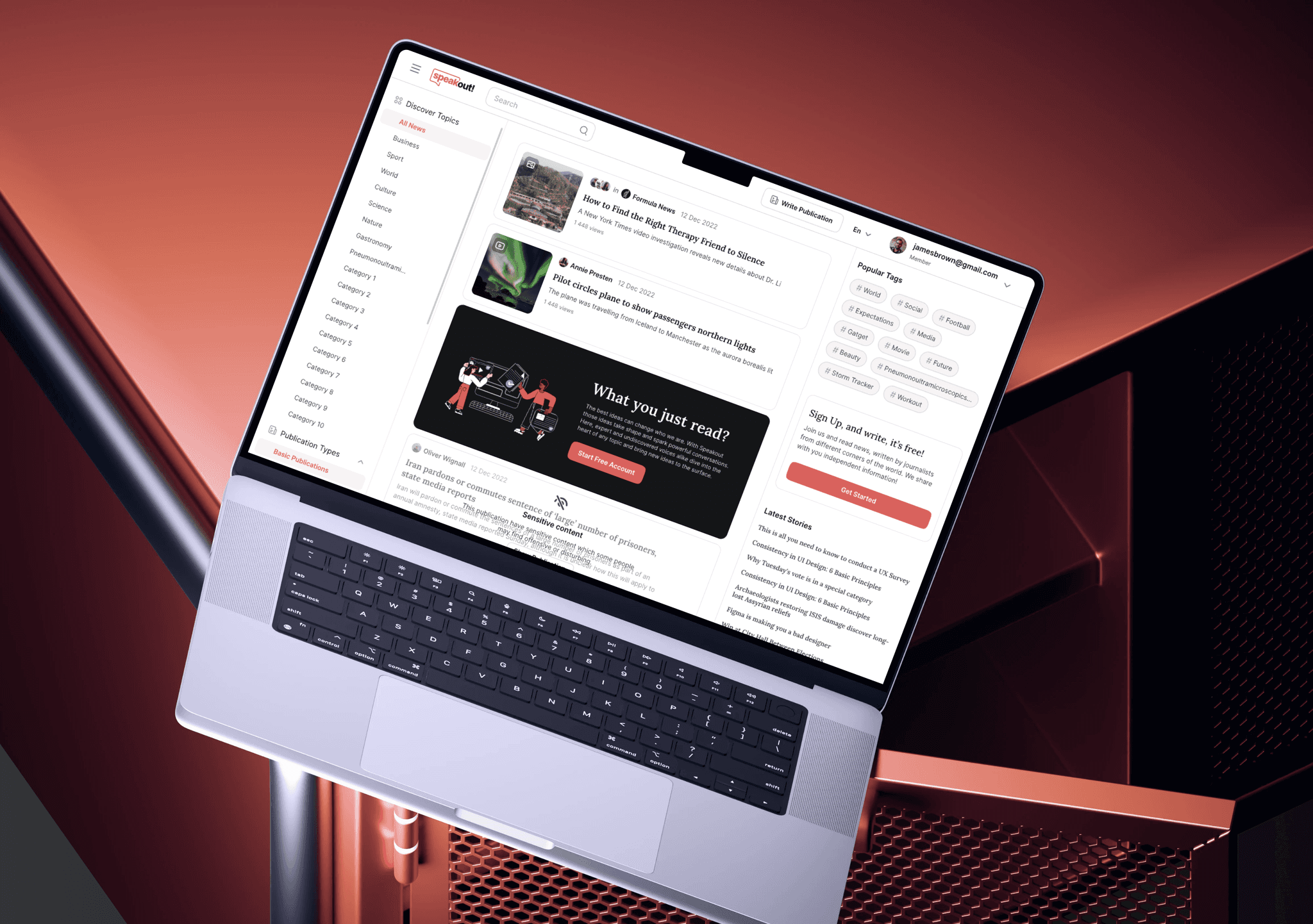 Visualisation of a laptop floating in the air. Social platform is opened in it with the categories in the left side, motivating banner to become a writer, and a quick access to log in / sign up.