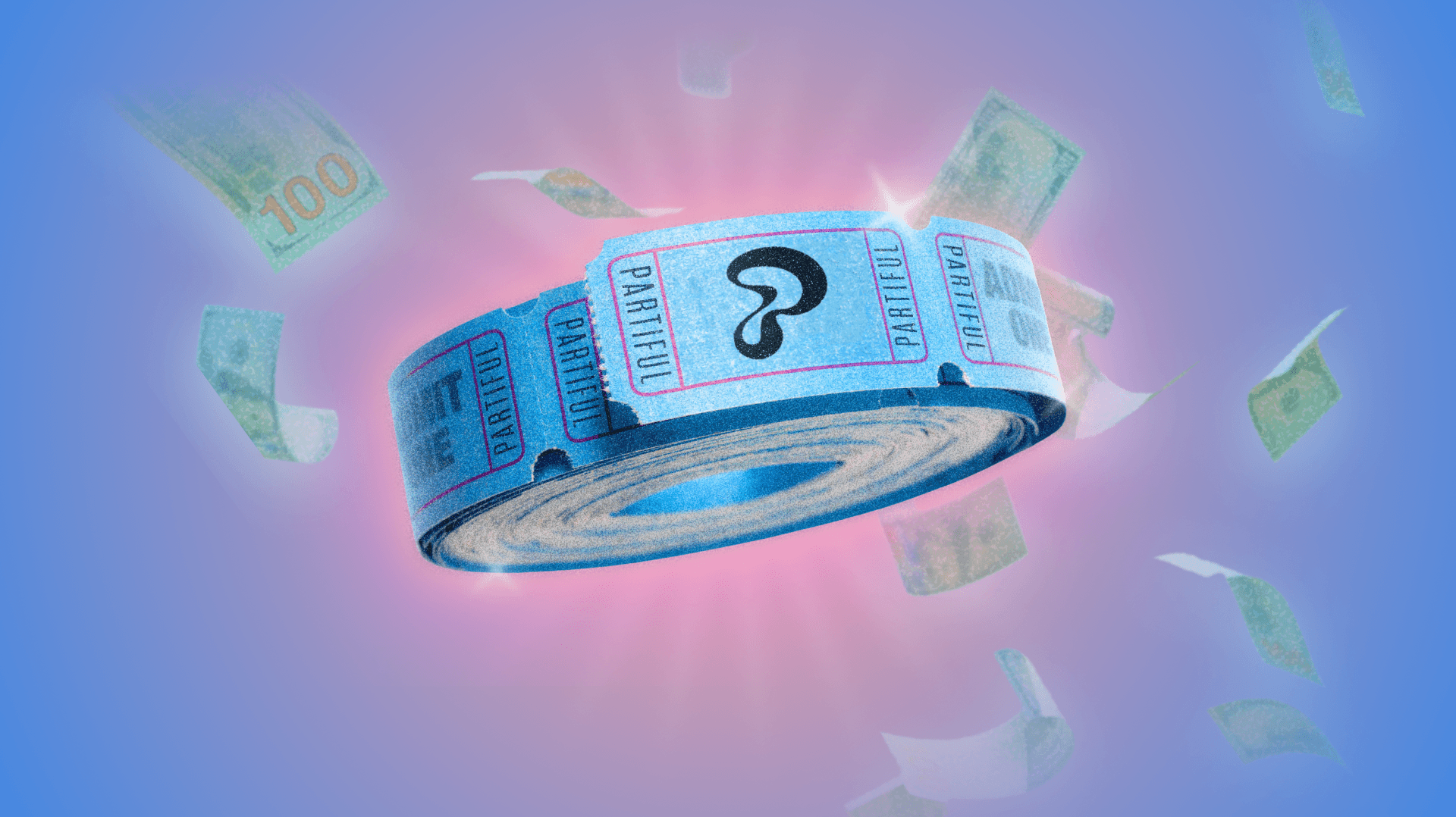 Text bubble on a blue background stating, "This event costs $20 per person," with decorative elements around it.