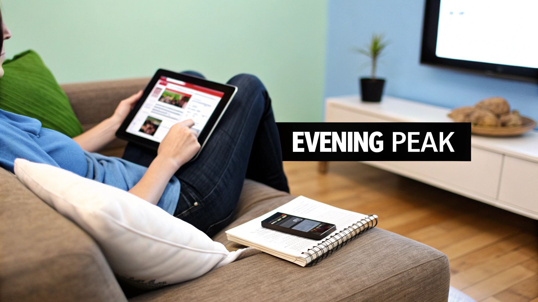 Person relaxing on a sofa using a tablet, with a smartphone and notebook nearby, during evening peak.