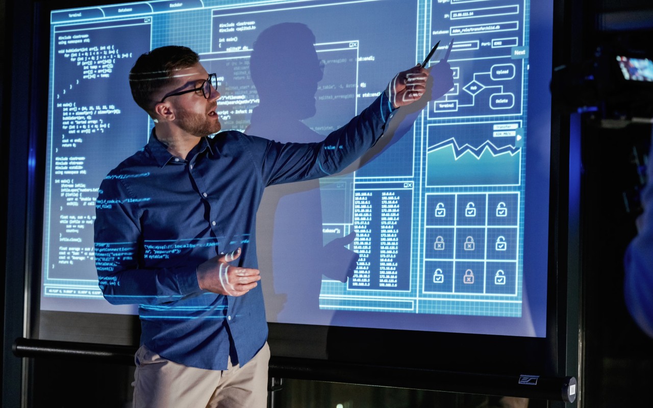 A sales rep presenting a SaaS product.