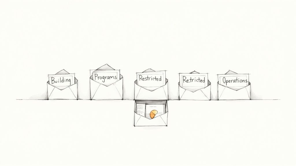 A sketch of five envelopes labeled 'Building', 'Programs', 'Restricted', and 'Operations', depicting financial categories.