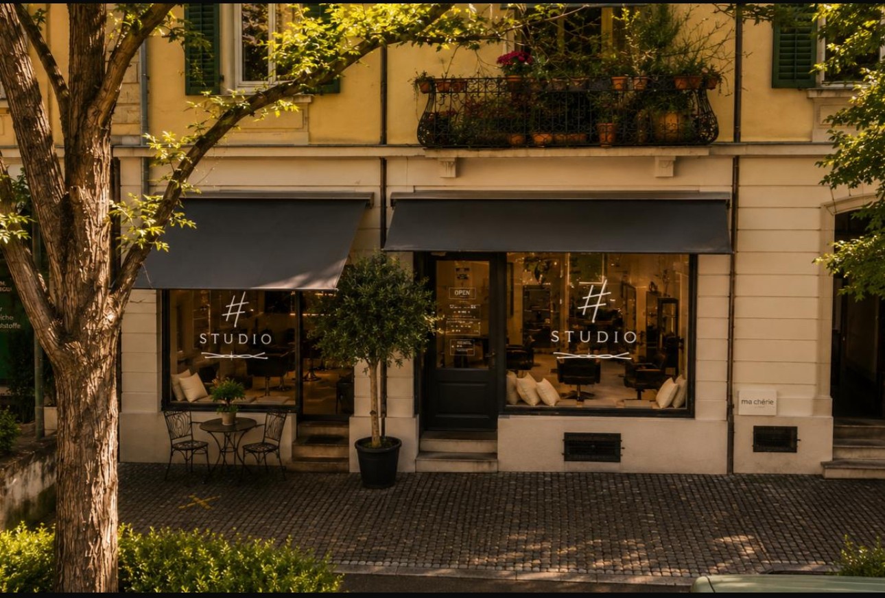 Modernes Saloninterieur mit stylischen Spiegeln und hellen Stühlen im Hashtag Studio