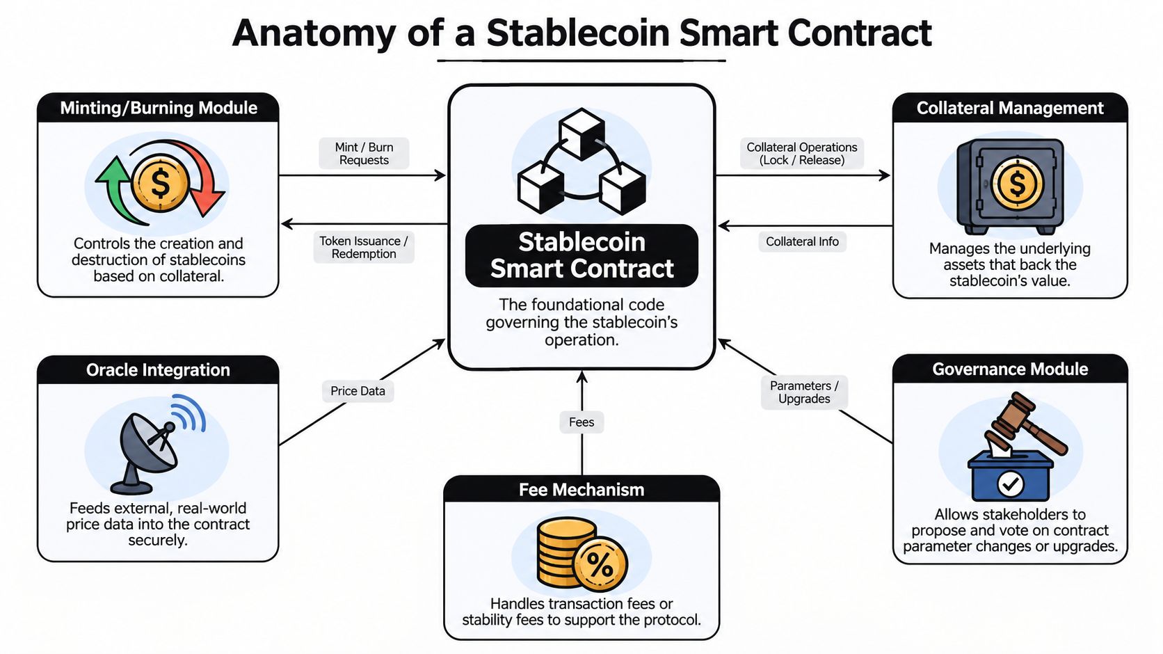 A diagram illustrating the core components and architecture of a stablecoin smart contract system.