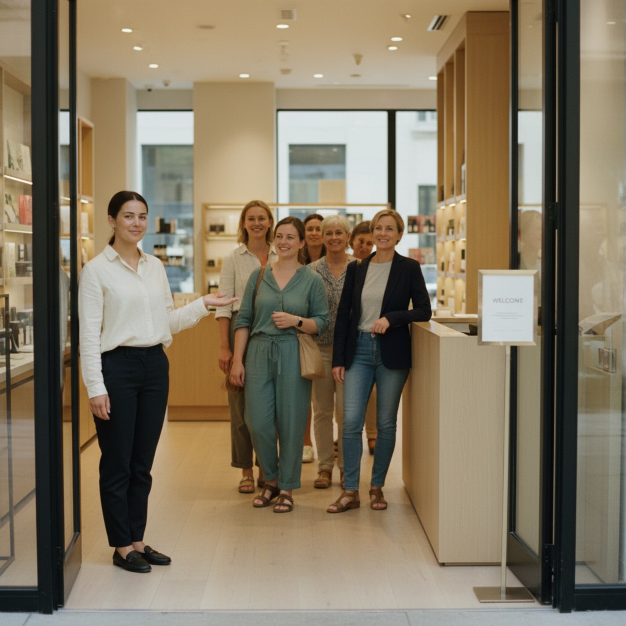 Am Eingangsbereich winkt eine Mitarbeiterin einem ankommenden Kunden freundlich zu und deutet auf den freien Tresen. Neben der Theke steht ein dezenter Aufsteller mit Hinweisen. Die kleine Schlange bewegt sich gleichmäßig. Der Empfang wirkt zügig, verbindlich und freundlich.