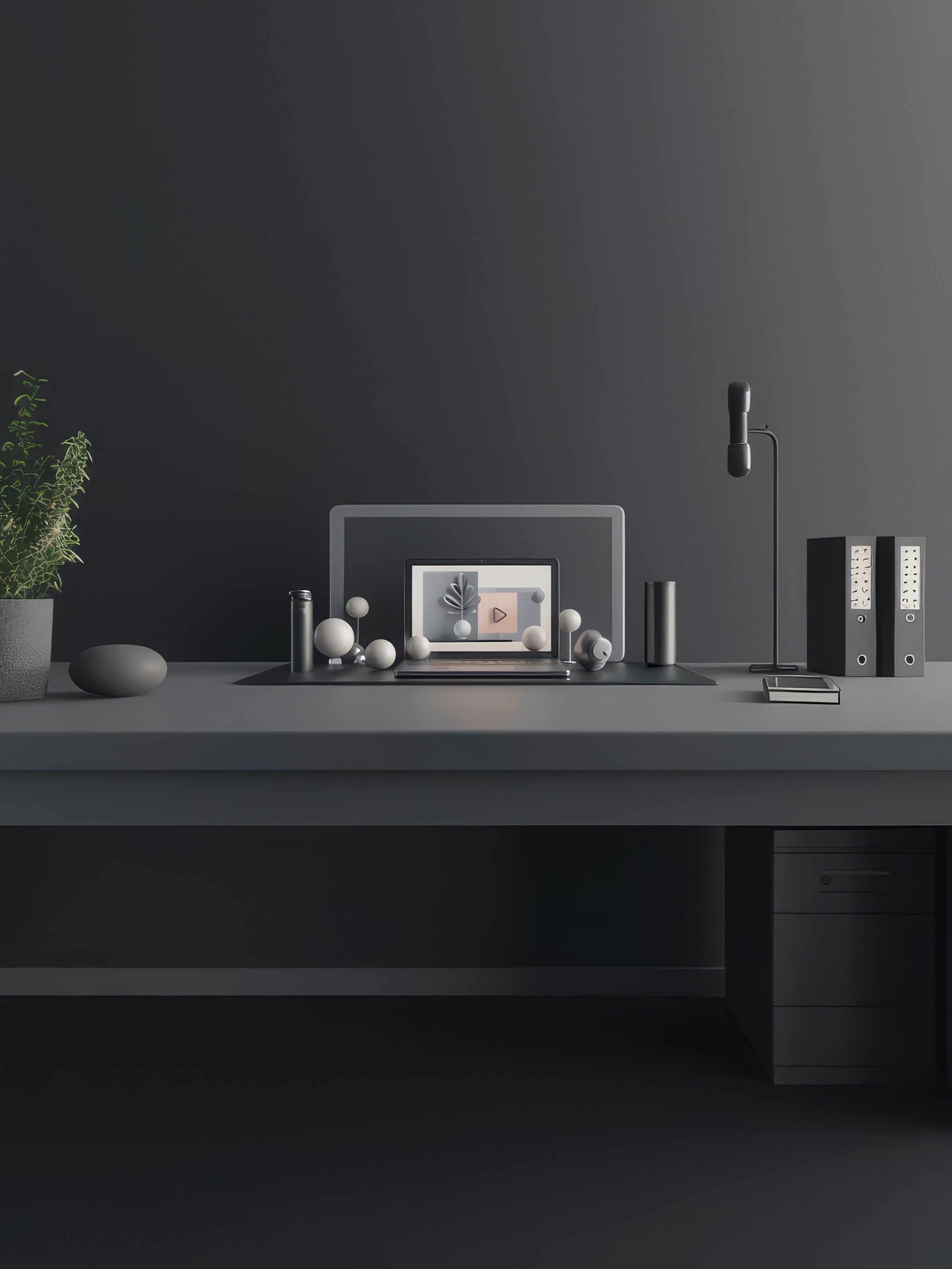 3d Visualisierung eines Laptops mit diversen 3d Elementen rundherum verteilt, die Produkte bzw. ein Produktvideo darstellen.