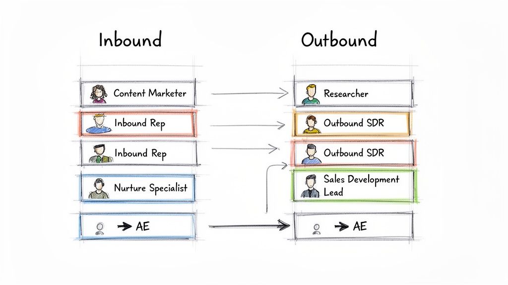 Flowchart contrasting inbound and outbound sales development roles, team structures, and progression paths.