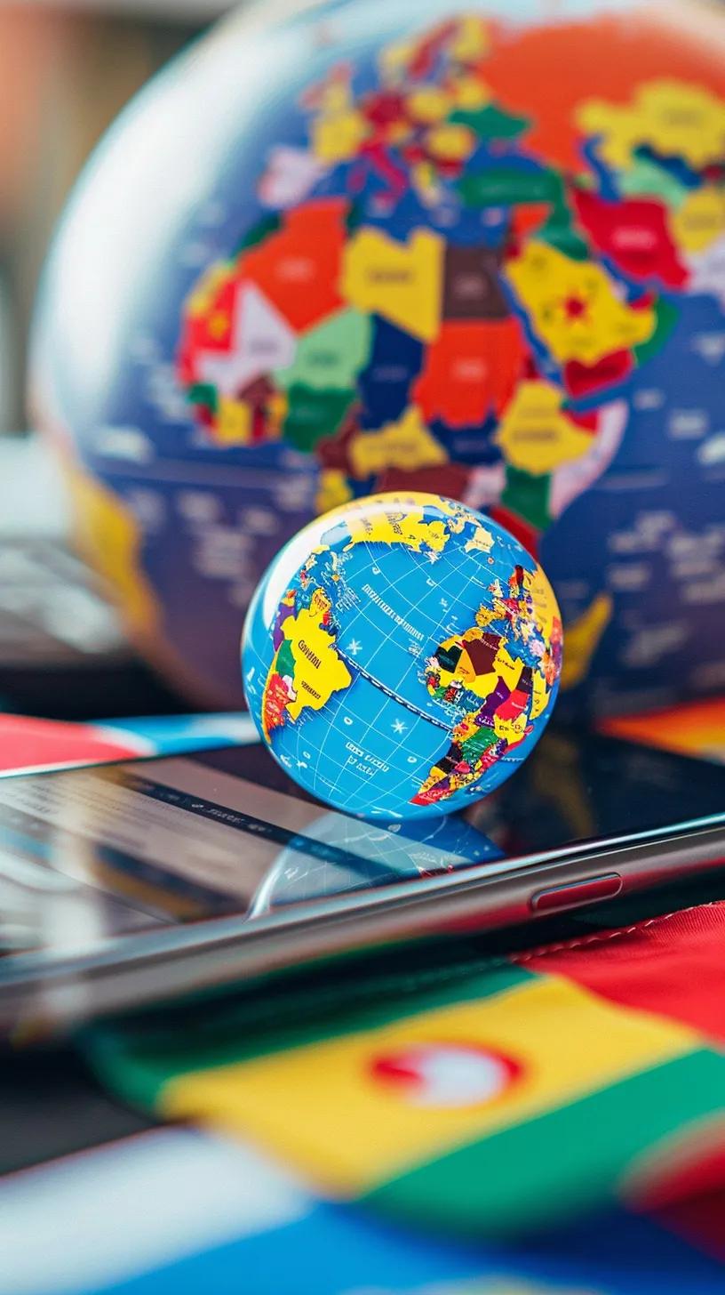 Smartphone displaying data usage app with a globe and country flags, representing international travel and data management