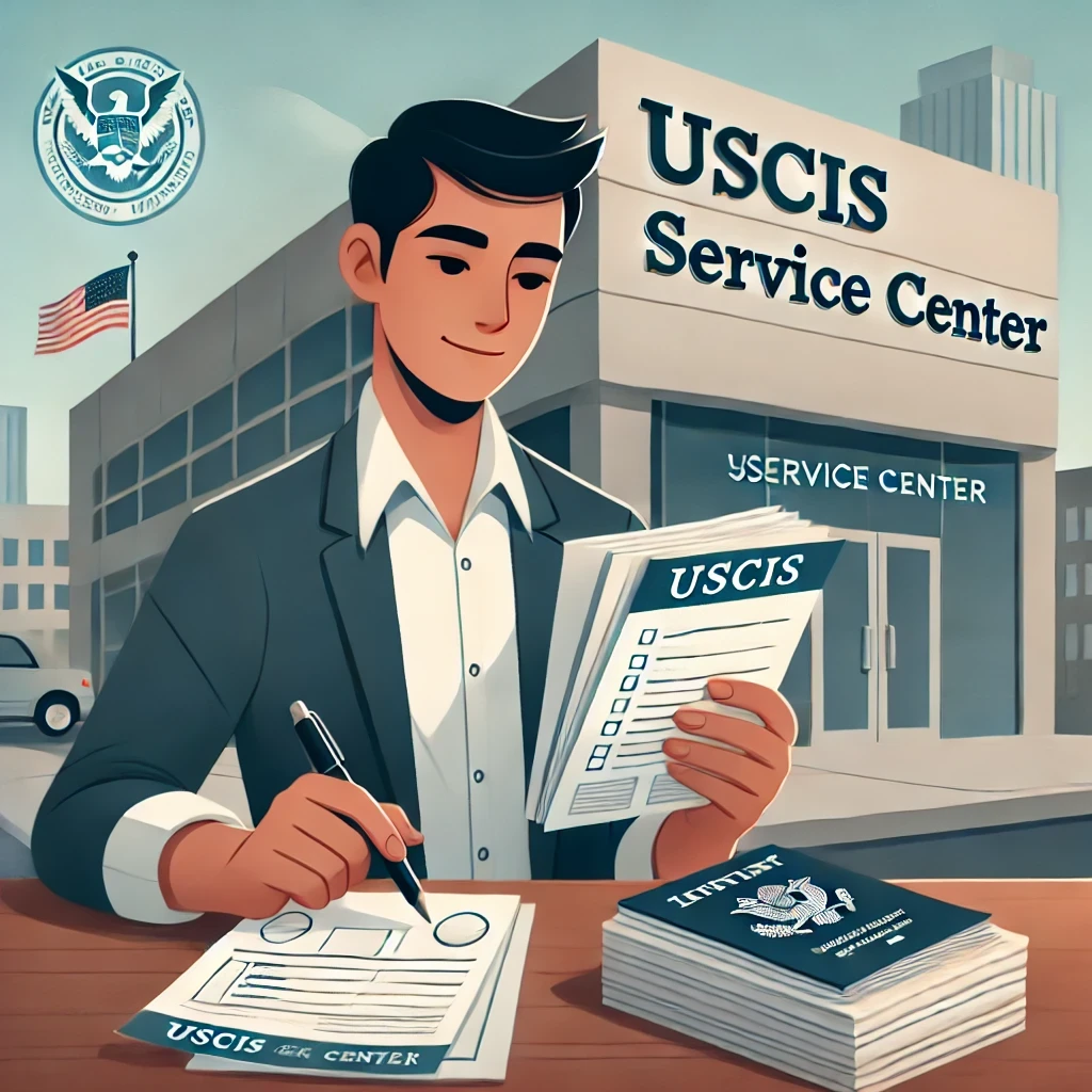 A person confidently reviewing immigration documents with a USCIS Service Center building in the background, symbolizing the step-by-step process of navigating through U.S. immigration procedures.
