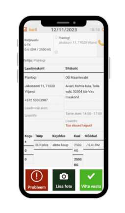 Planlogi autojuhi äpp nutitelefonis tellimuse detailvaatega