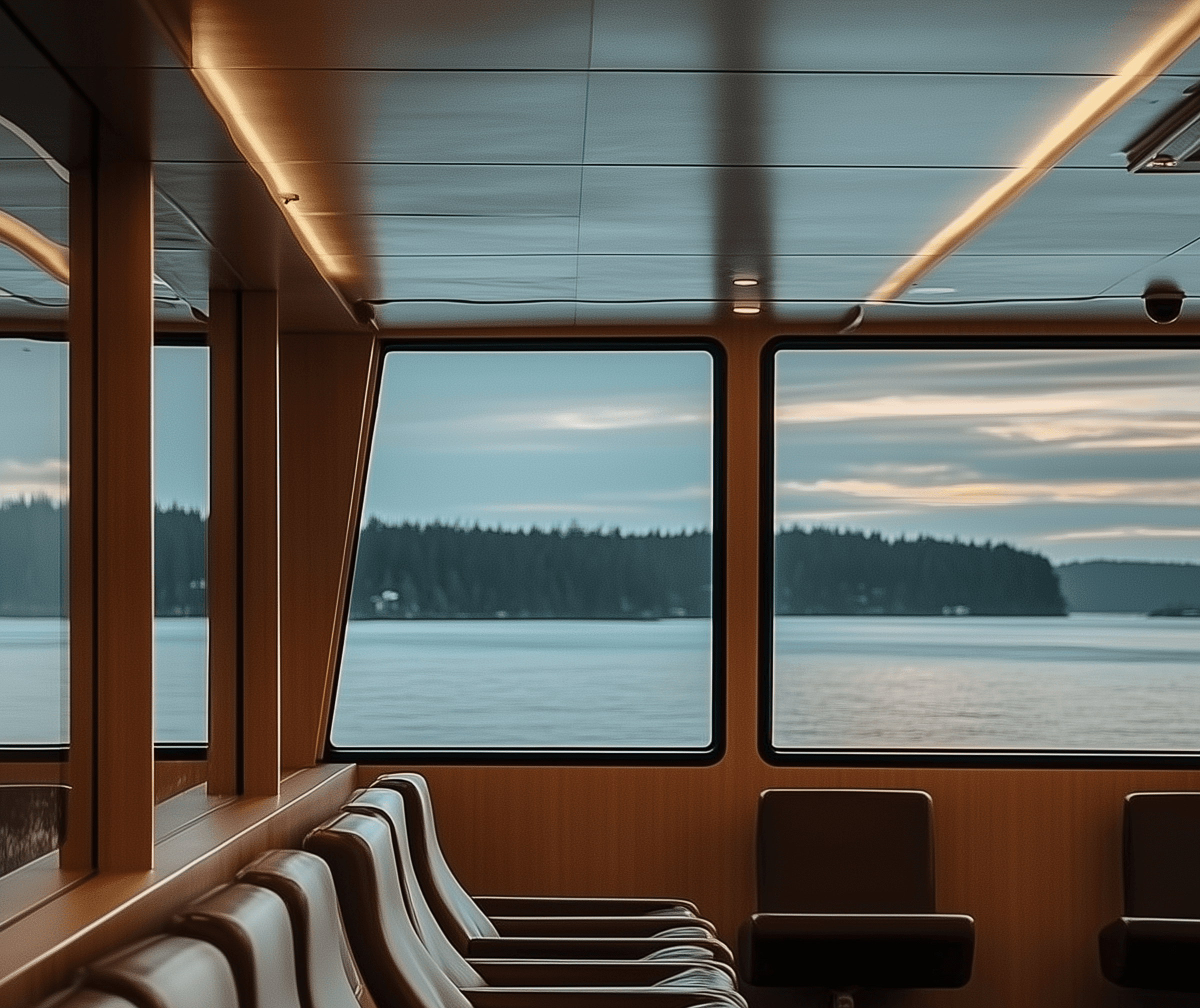 A photograph of the interior seating area on an empty ferry, capturing its minimalist design. The windows reveal calm waters and distant landmasses, highlighting details like leather seating textures and wooden paneling on the walls. In the background, with several comfortable chairs arranged in rows and large windows showing water. The lighting is soft and natural from outside