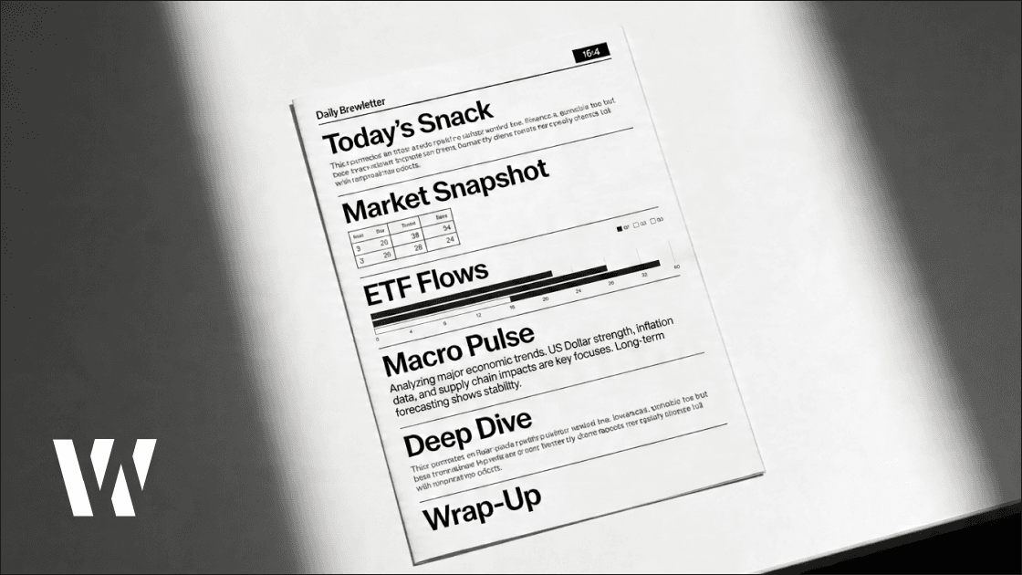 A black-and-white flat-lay mockup of the Web Snack daily crypto newsletter layout showing its core sections and data tables.