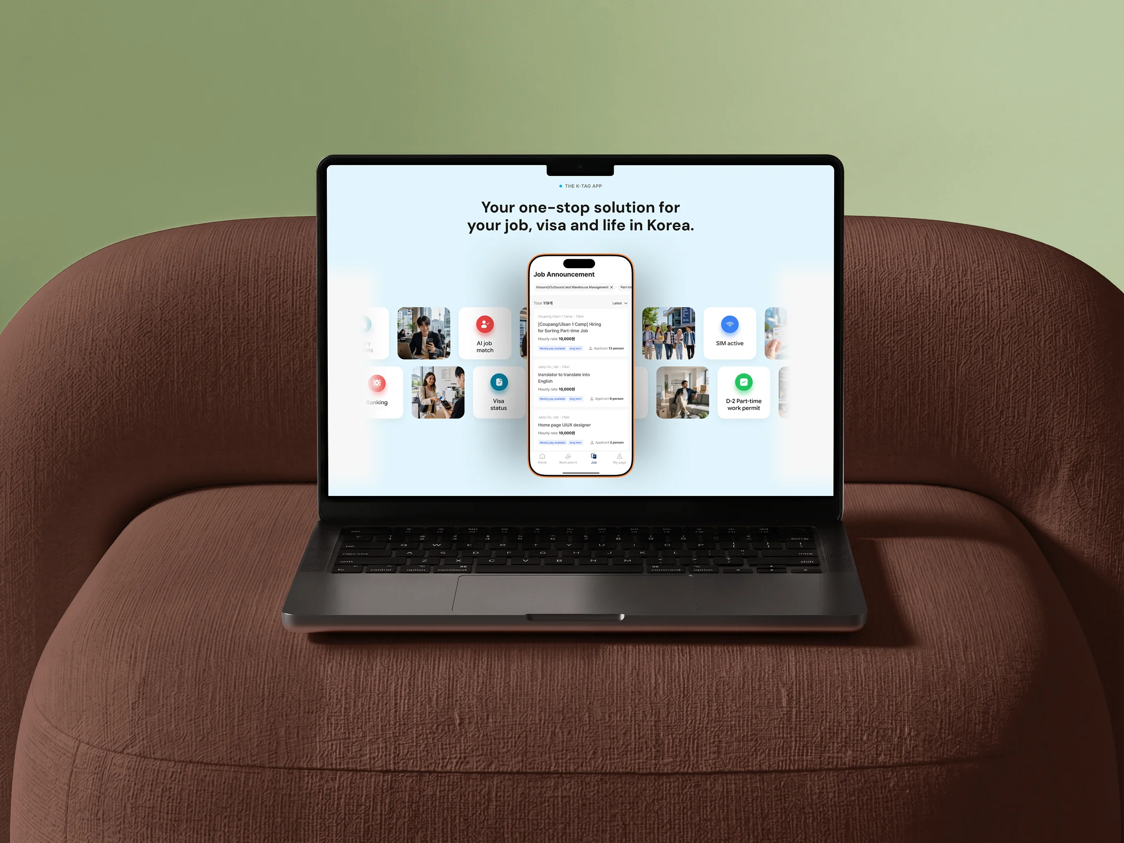 Jably one-stop solution page UI — redesigned features section showing job, visa and life services for international talent in Korea