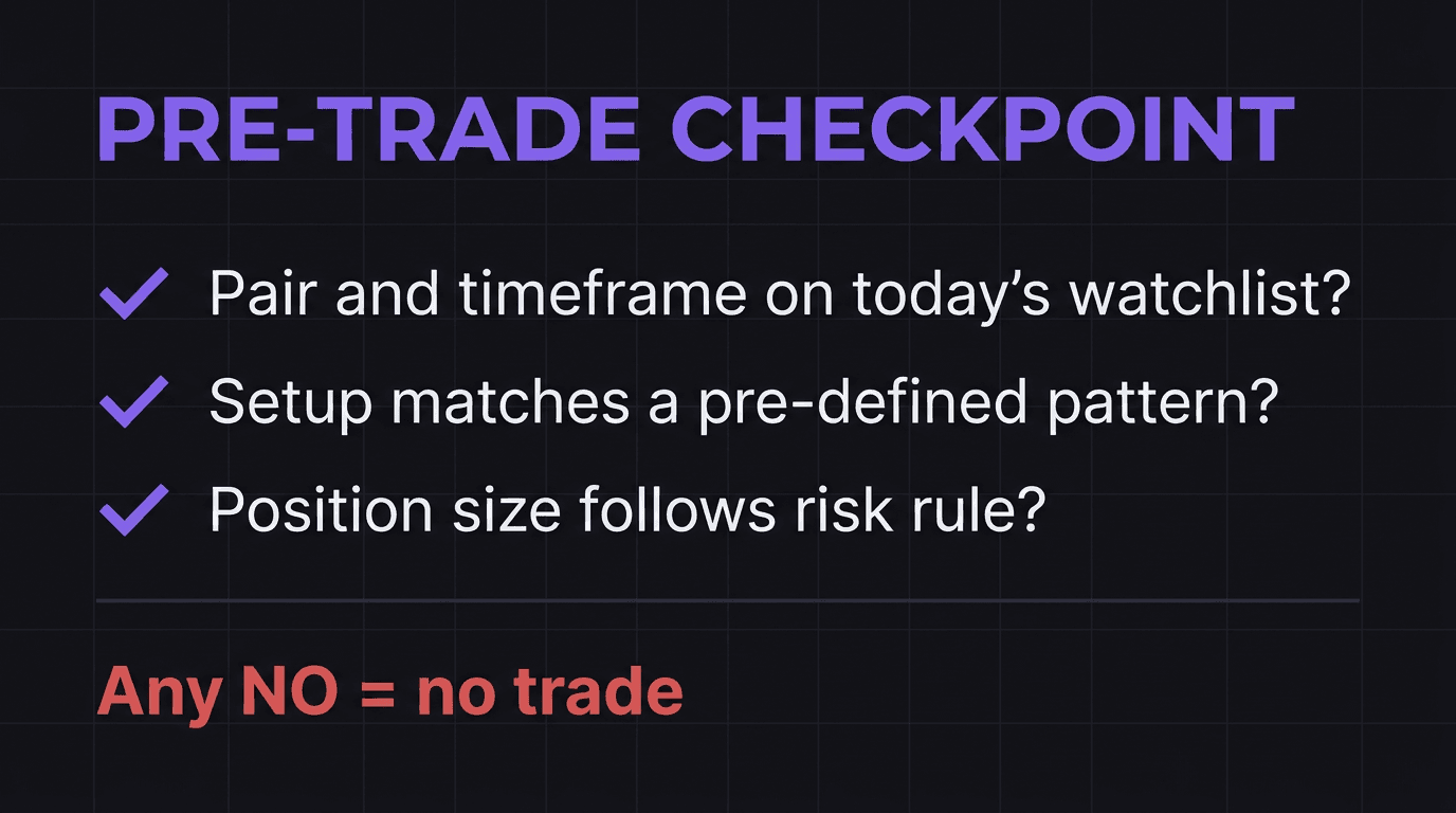 Pre-trade checklist with three checkpoint items to prevent revenge trading