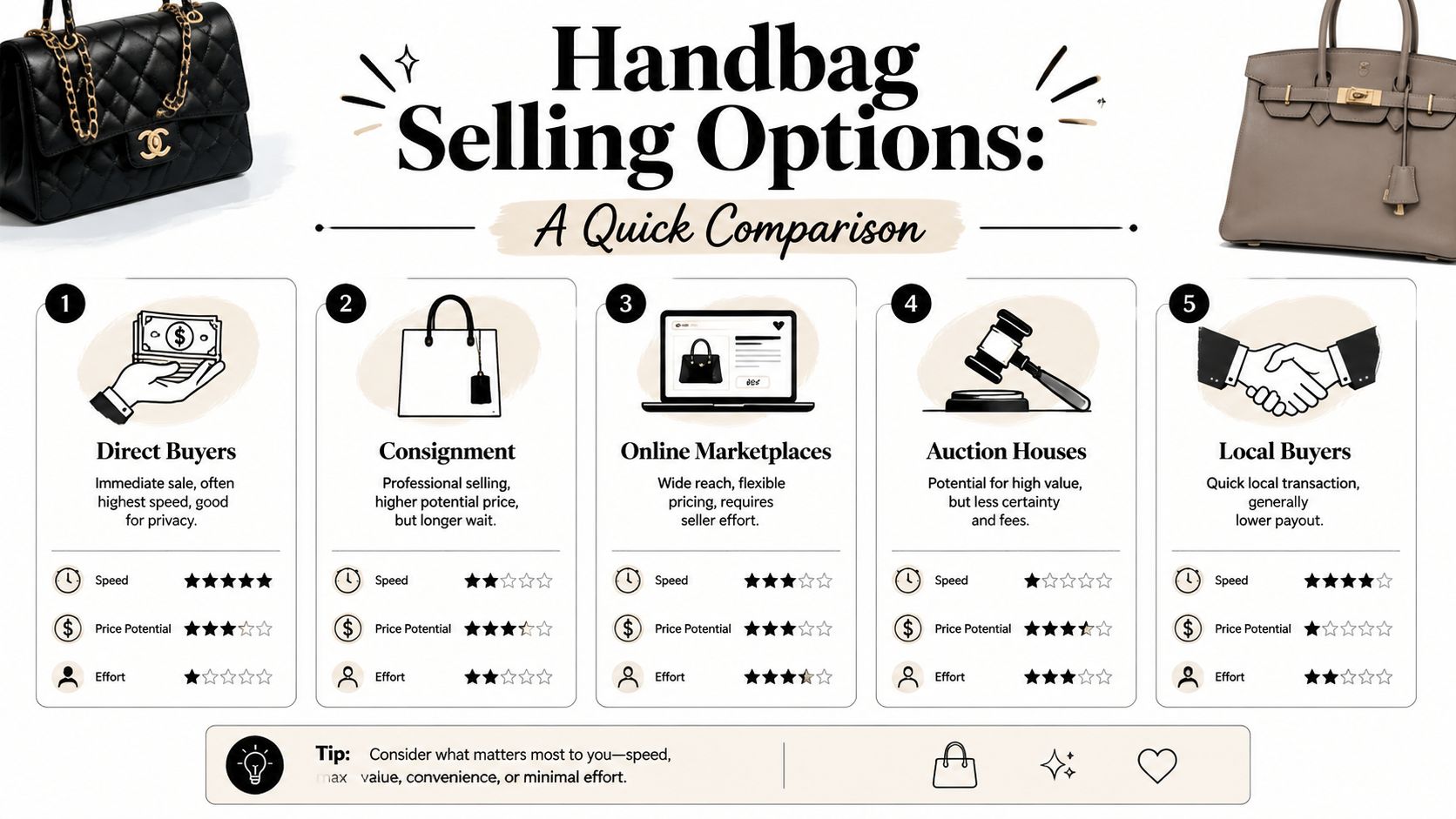 A comparison chart outlining five options for selling luxury handbags, including direct buyers, consignment, and auctions.