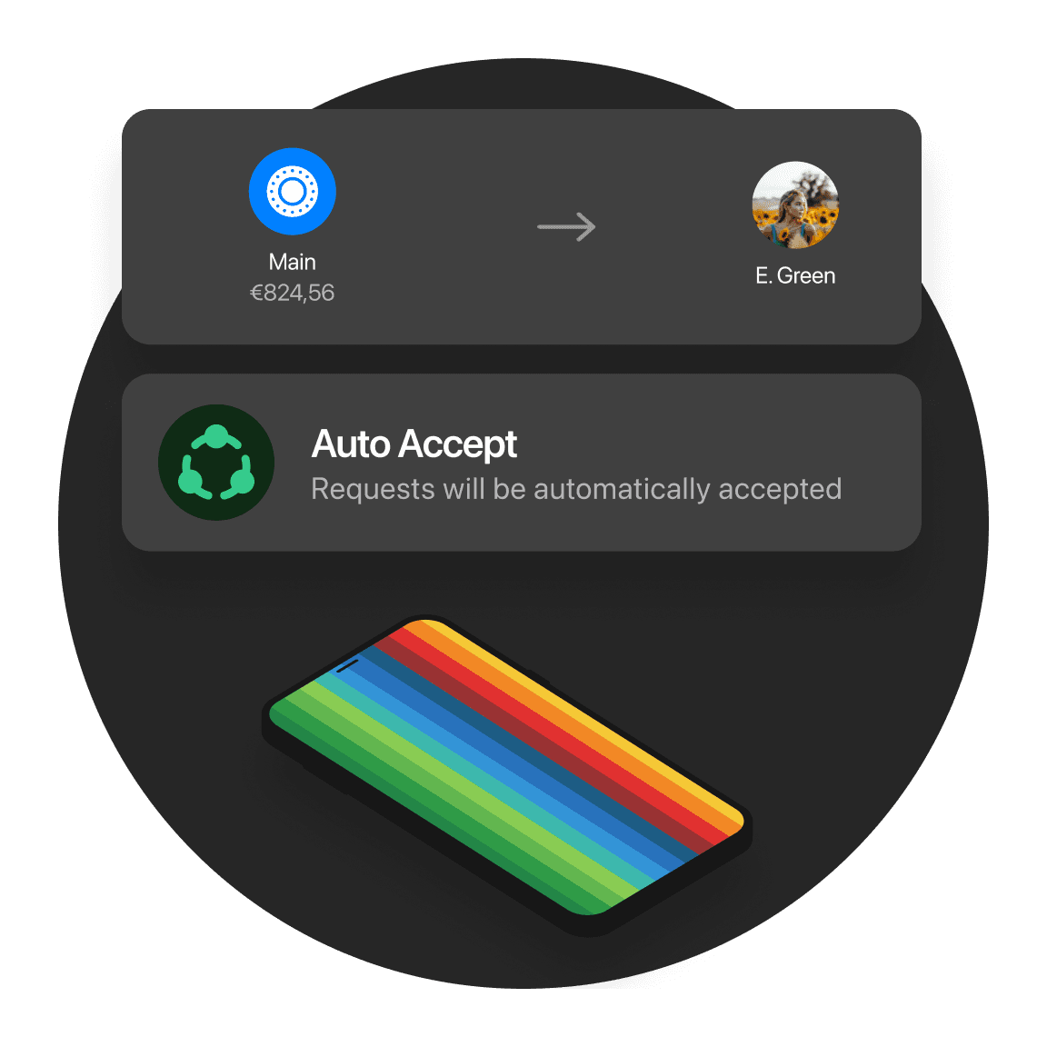 Graphic displaying a digital wallet notification with a colorful card and options for sending or managing money.