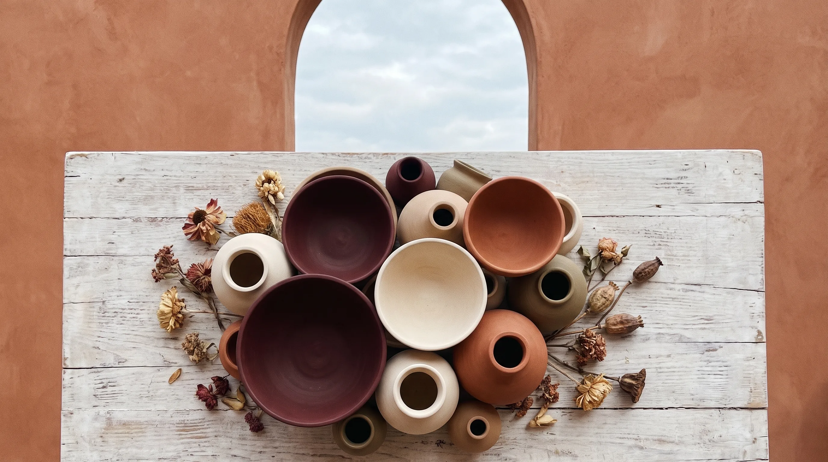 More than a dozen ceramic vessels crowded together and overlapping so their outlines merge, seen from directly overhead