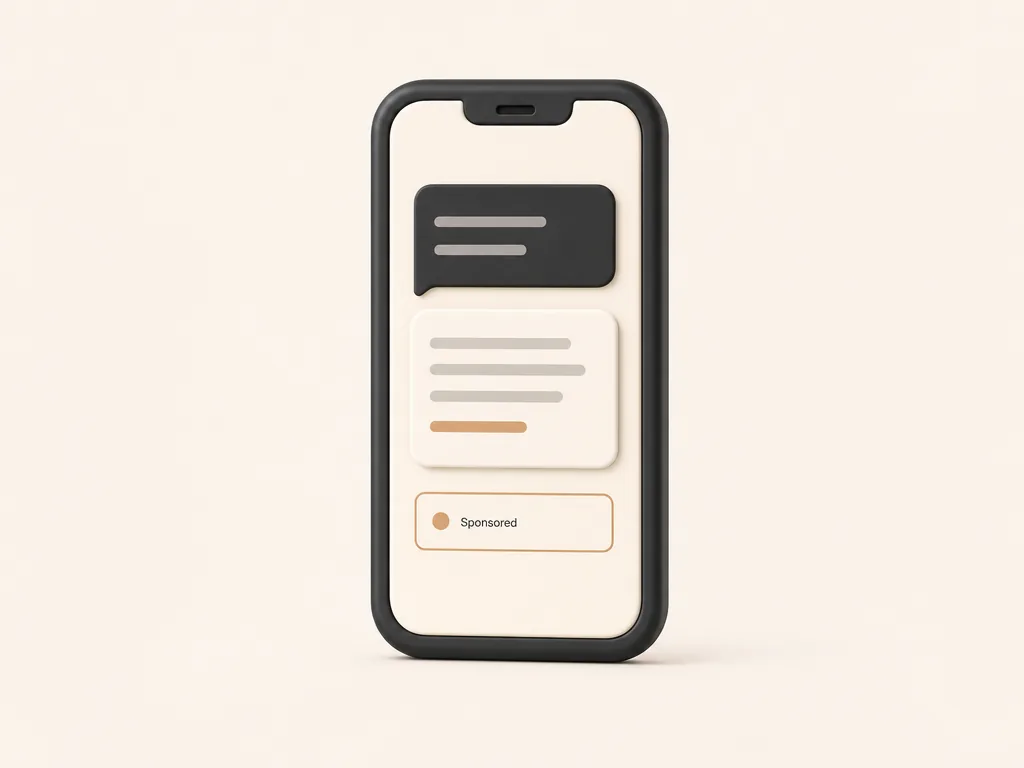 3D phone showing a ChatGPT answer with a sponsored ad card below it
