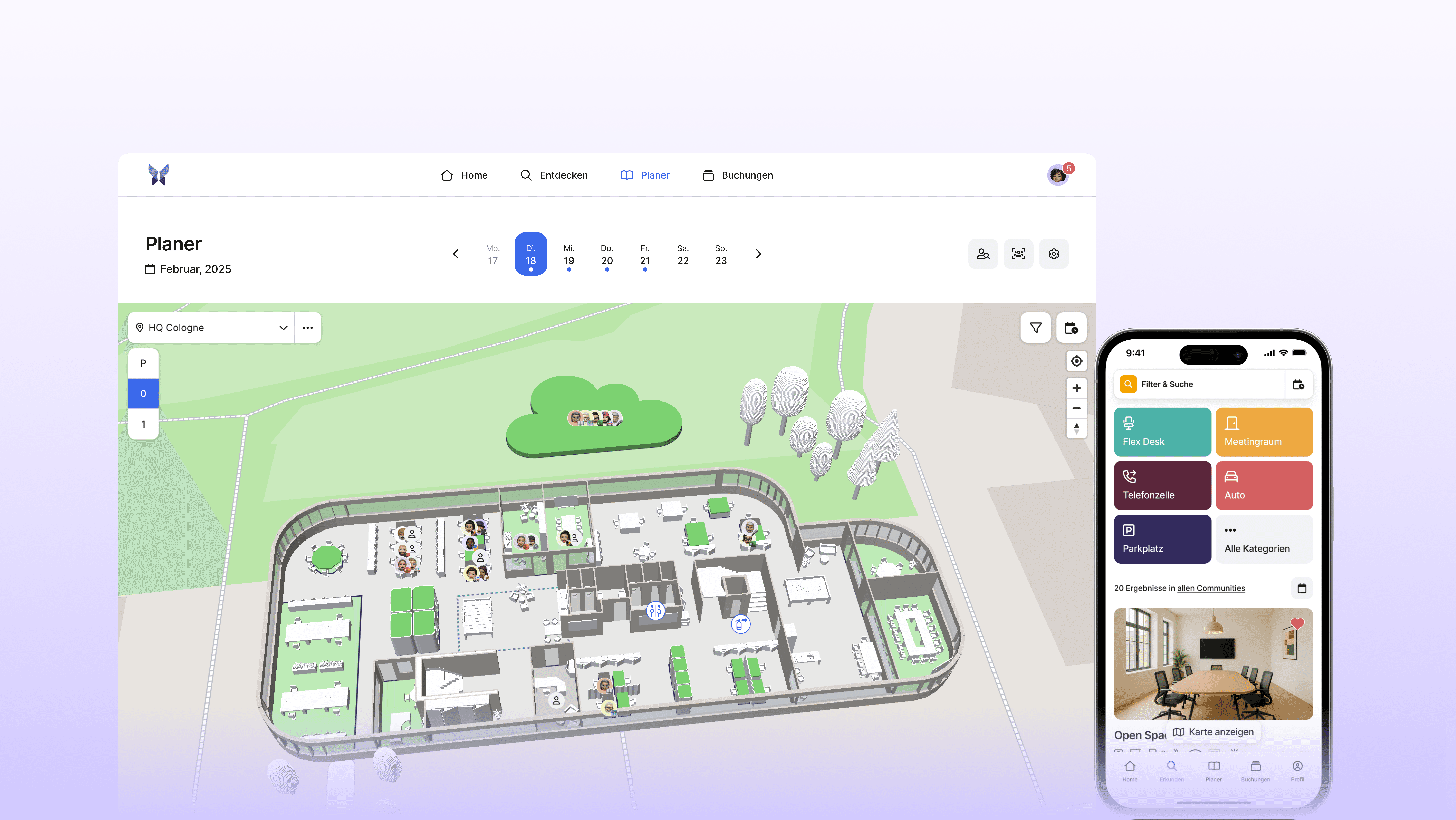 Interaktive 3D Karte & mobile App von anny mit der sich sowohl Desk Sharing als auch Hot Desking Konzepte umsetzen lassen.