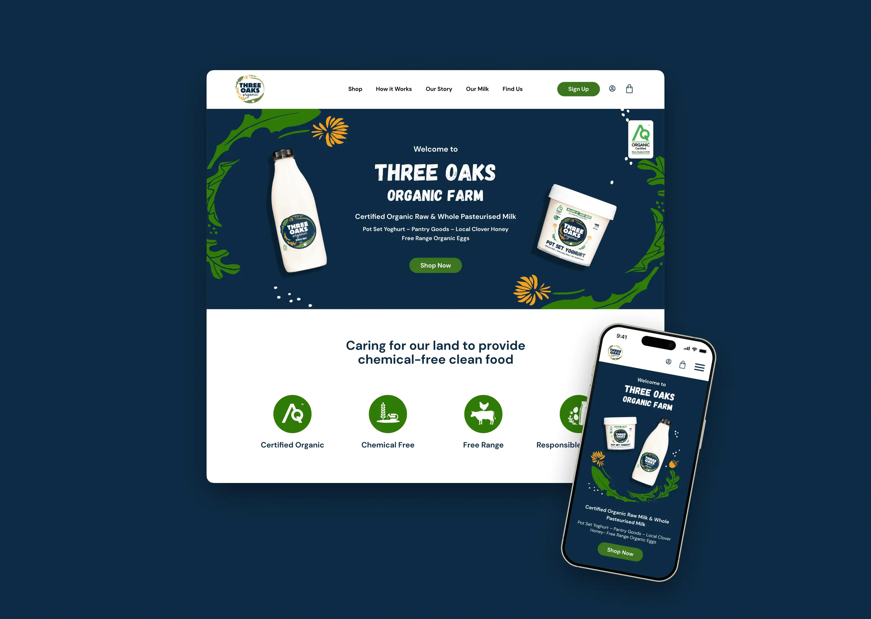 Three Oaks Organic website homepage designed by Samuel Marshall. 