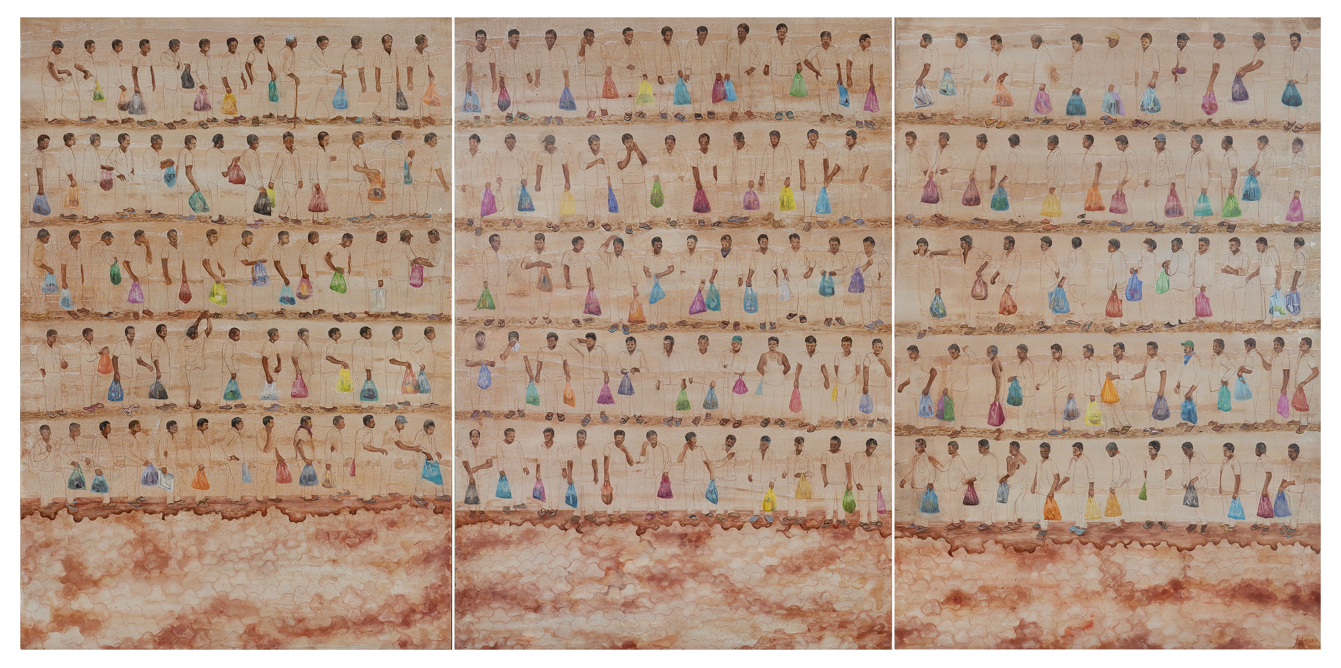 herd of sheep on road painting