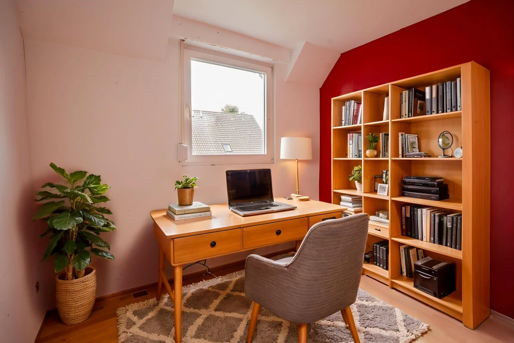 Gemütliches Arbeitszimmer mit Schreibtisch und Bücherregal im Einfamilienhaus in Heek-Nienborg.