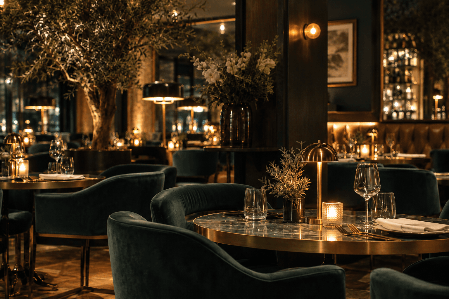 Upscale restaurant dining room with warm lighting and deep green seating