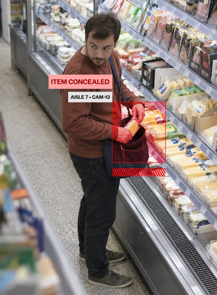 Shopper concealing a product at a shelf, flagged as concealment detected