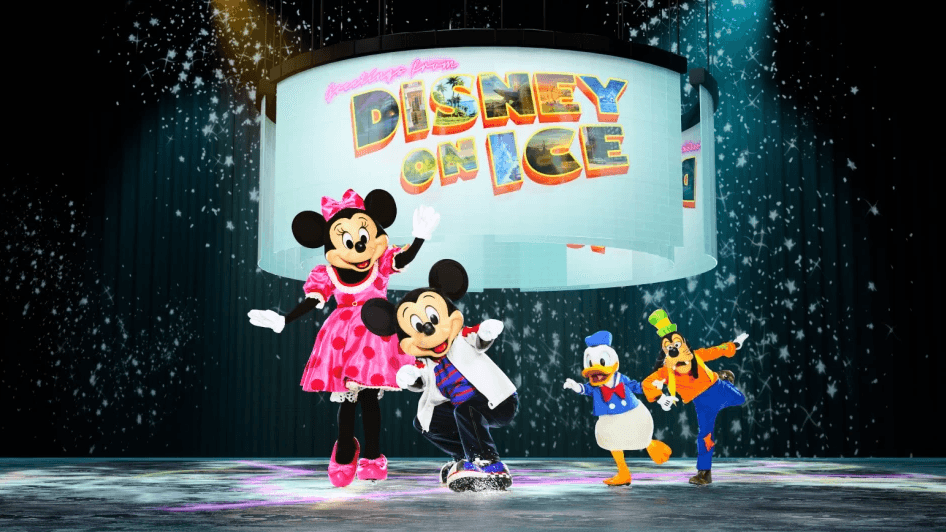 Minnie, Mickey, Donald and Goofy skating towards the camera, with the Disney On Ice logo behind the characters