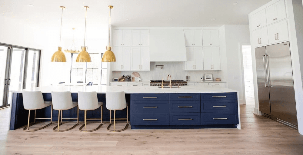 white wooden kitchen cabinet with black pendant lamp