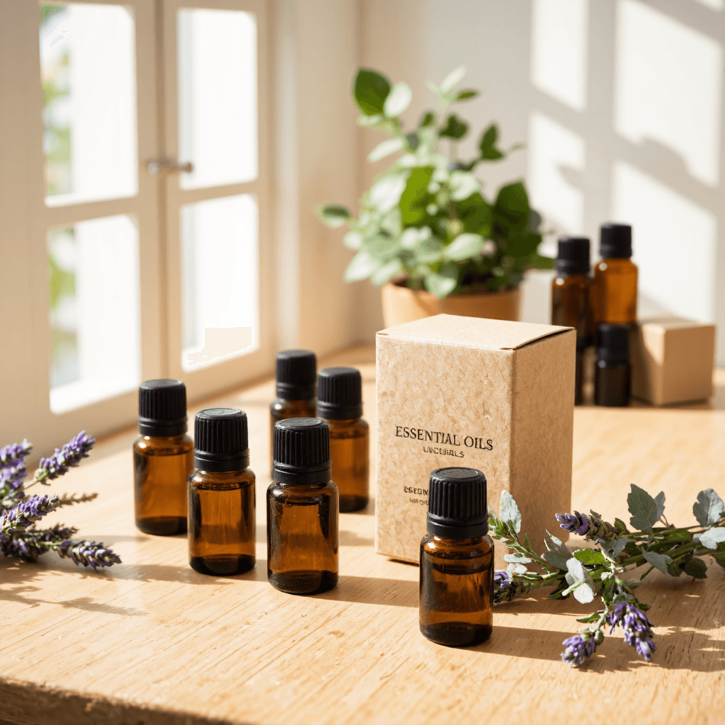 product photography of set of essential oil bottles and boxes