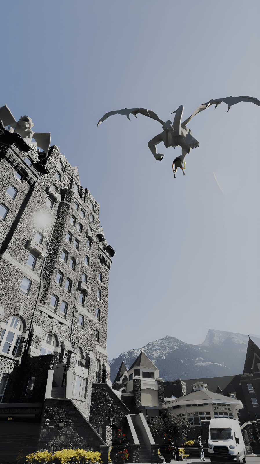 A winged gargoyle flies over a tall stone hotel toward a mountainous landscape