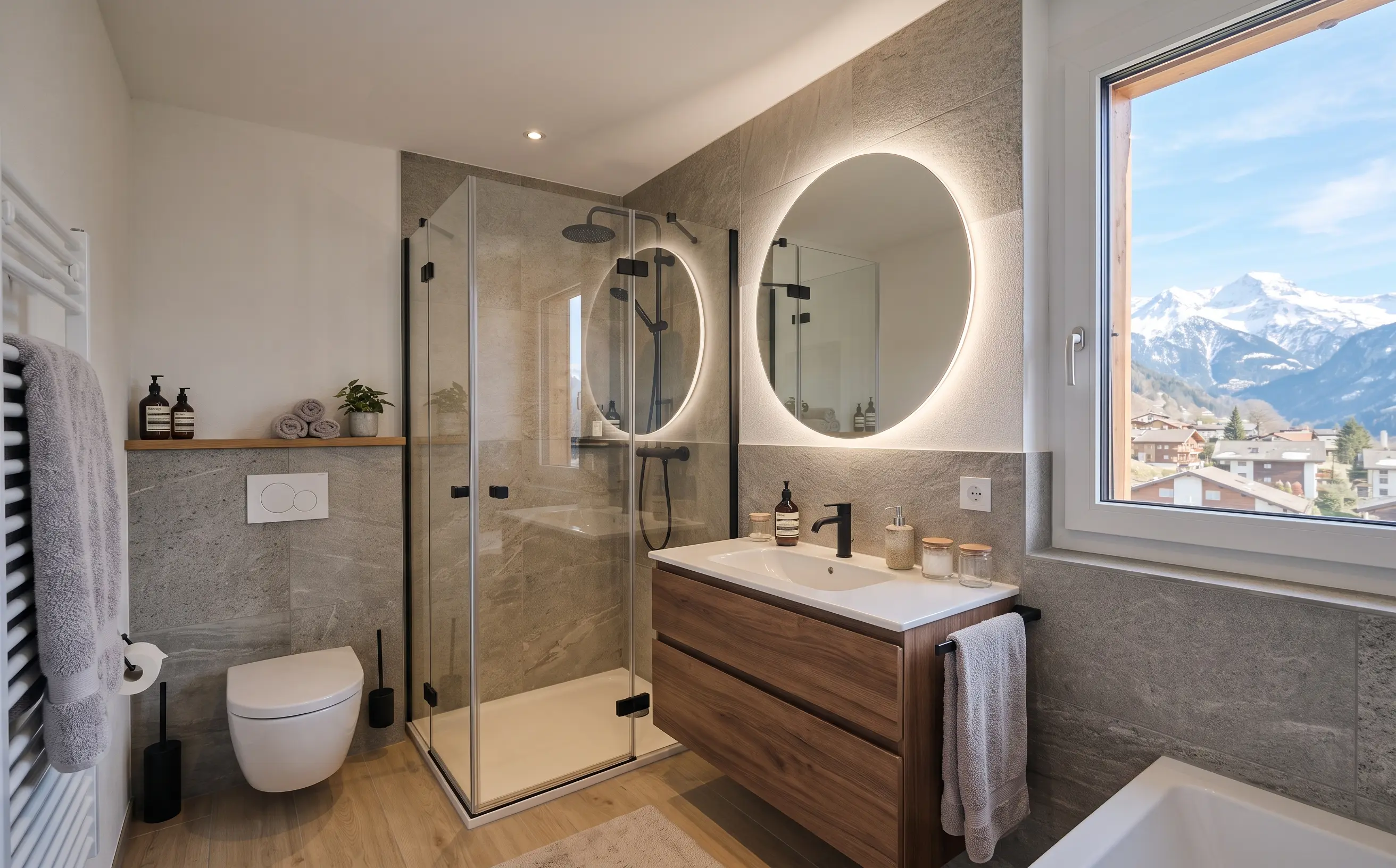 Salle de bain moderne et fraîchement rénovée en Suisse, avec douche vitrée, meuble vasque en bois et grande fenêtre offrant une vue sur les montagnes enneigées.
