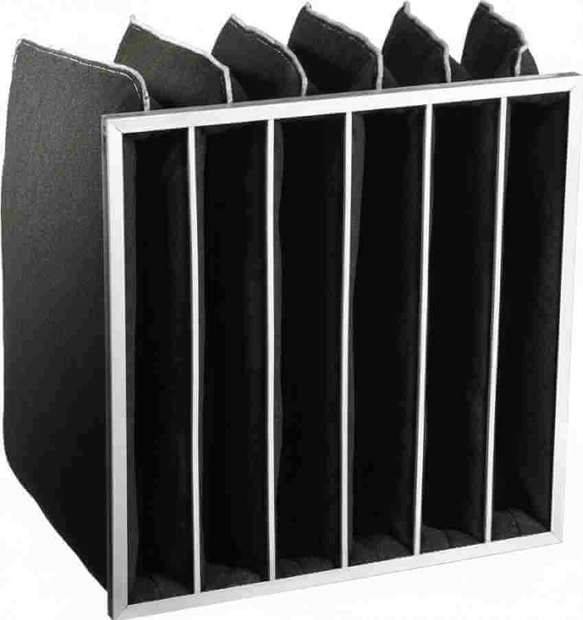 Activated carbon pocket-style filter engineered for efficient adsorption of odors and harmful gases.