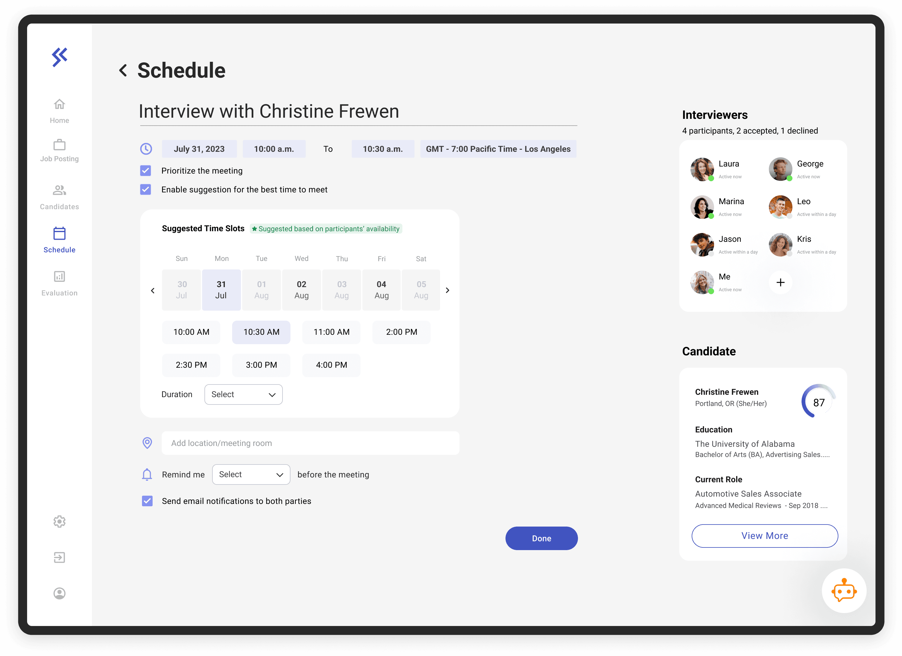 Scheduling interface titled "Interview with Christine Frewen."